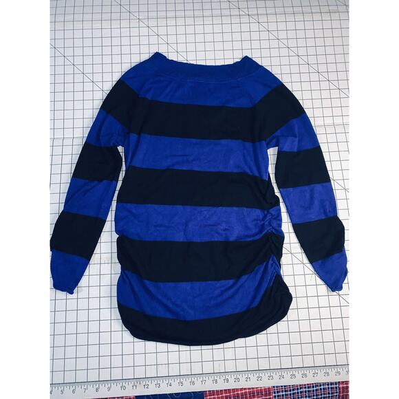 Love Always Sweater Blue Black Stripe Gathered Sides & Sleeves Lightweight GUC - Picture 2 of 13